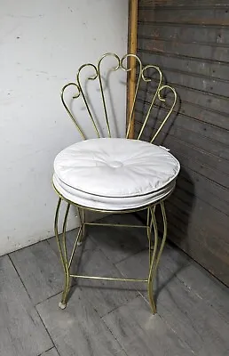 Vintage Gold Metal Vanity Chair Stool Hollywood Regency Vinyl Peacock Scroll MCM • $117