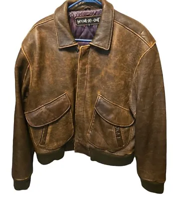 Vtg Wear Me Out Distressed Leather Bomber Jacket Mens 42 Large Brown 80s Banded  • $39.95
