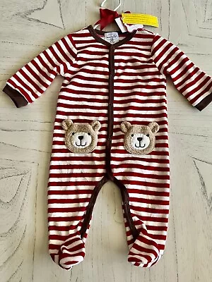 New~”Mud Pie”~Velour~Footed Romper/Sleeper~Red/White Stripe~Bear Pockets~Sz 0-6m • $13