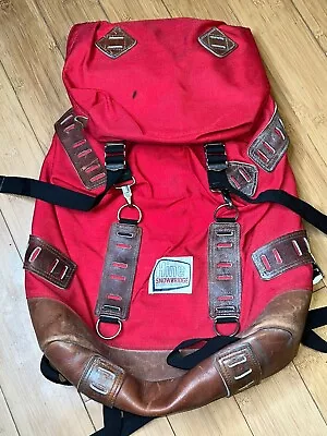 Vintage Hine Snowbridge Hiking 70’s Red Backpack Canvas & Leather Made In USA • $95