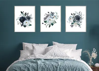 Set Of 3 Blue Watercolor Peony Floral Flowers Bouquet Wall Art Home Decor • £56.01