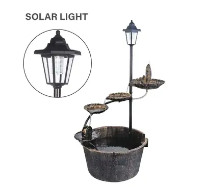 Garden Ornamental Antique Bird Bath Fountain Wood Effect Standing Solar Lamp Uk • £29.89