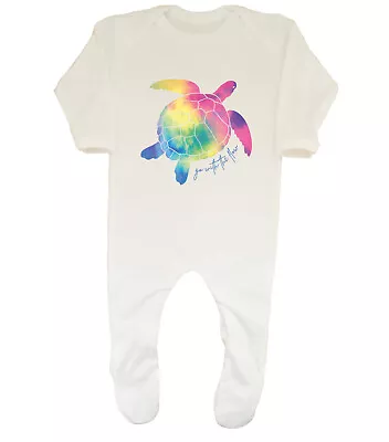 Turtle Rainbow Baby Grow Sleepsuit Go With The Flow Watercolour Boys Girls Gift • £9.99