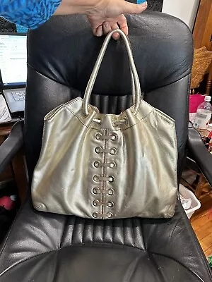 KORS Michael Kors Large Gold Metallic Leather Drawstring Laced Snap Tote 24 • $134.99