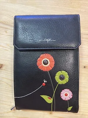 ESPE Vegan Leather Floral Crossbody Shoulder Bag Pocket Zip Black Ladybug Flower • $14