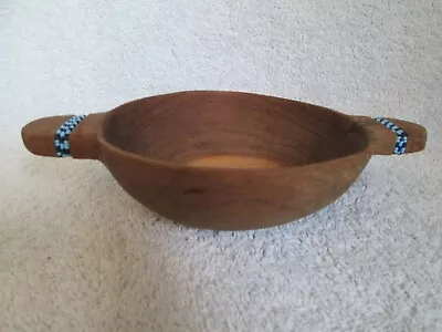 African Hand Carved Tribal Beaded Wooden Bowl Dish + Two Handles VGC • £9.99