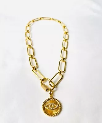 LARGE PAPERCLIP CHAIN EVIL EYE MEDALLION NECKLACE - Gold  Hypoallergen • $49