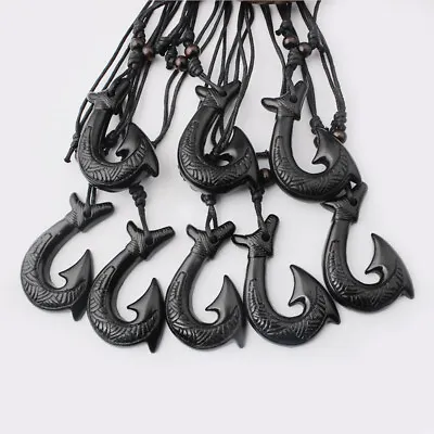 12pcs/Lot Faux Yak Bone Resin Fish Hook Pendant Black Wax Cotton Cord Necklace • $11.99