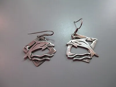 Vintage Sterling Silver Earrings Dolphin Artisan Made  • $23.19