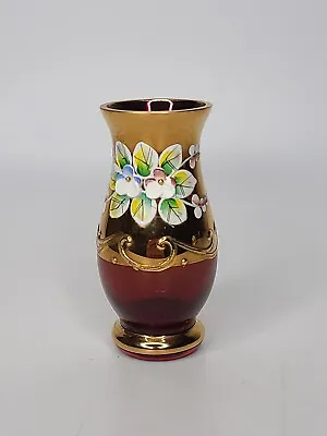 Venetian Murano Glass Bud Vase Ruby Red  Gold Hand Painted Enamel  • $14.99