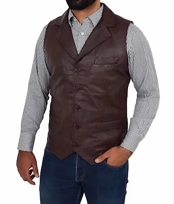 Men Genuine Lambskin Leather Waistcoat Western Vest Coat Cowboy Jacket Brown • $190.39