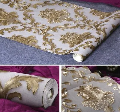 10m Vintage Luxury Gold Damask Textured Wallpaper Roll Floral Wall Paper • £20.89