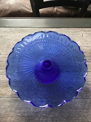 VTG Pedestal Cake Stand Laurel Leaf Cobalt Blue Depression Glass 12  • $45