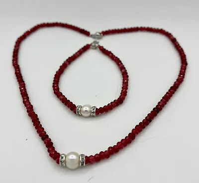 Natural Ruby Gemstone Rondelle And Pearl Beaded Necklace And Bracelet Set • $26.99