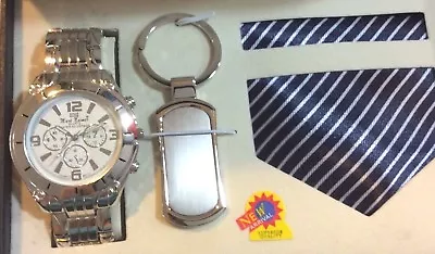 Mark Naimer Men's Watch Set Stainless Steel Silver Linked Band Key Chain & Tie! • $35.10