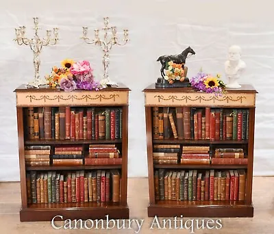 Pair Regency Bookcases - Mahogany Open Front Sheraton Inlay • $2820