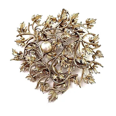 Vintage Detailed Leaves Dimensional Large Brooch Pin W/ Faux Pearl  3” • $12