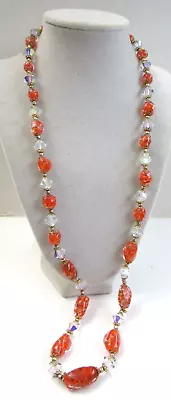 Vintage Orange Gold Venetian Murano Glass Bead Necklace 28  AB Cut Glass • $89