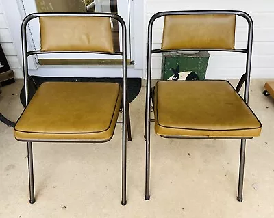 2pc Vintage MCM Cosco Bronze Metal Folding Card Chairs Gold Vinyl Brown Trim • $60