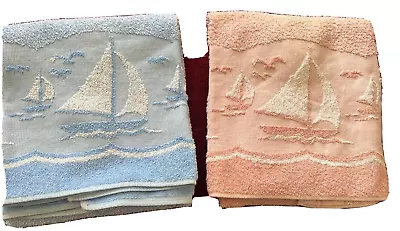 2 Pc Set Vintage Martex Turkish Towels- PINK BLUE W/ Chenille SAILBOATS. • $17