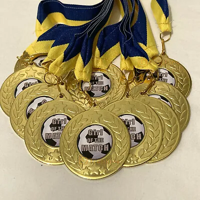 10 Girl Of The Match Medals Yellow & Blue Ribbons Gold Girls Football Medals • £14.50