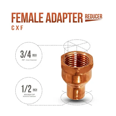 1/2 In X 3/4 In CxF Copper Female Adapter Reducer Fitting Sweat X FIP Thread USA • $7.49