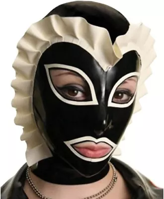 Latex Rubber Mask Hood With Lace Trim And Rear Zipper For Catsuit Maid Party • £42