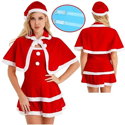 US Women Christmas Costume Velvet Dress Mrs Santa Claus Hat Cloak Shawl Cape Set • $9.49