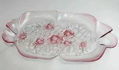 Mikasa Crystal Glass Oval Serving Platter Rosella 16  Clear Pink Frosted Flowers • $23.49