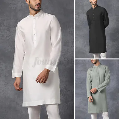 Indian Mens Kurta Shirt Short Kaftan Dress Long Sleeve Ethnic Tunic T Shirt Tops • £13.86