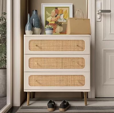 LONYKE Wicker Rattan Chest Of 3-Drawer Dresser White Finish Wooden GarageBin • $82.99