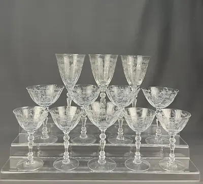 12 Vtg Fostoria CHINTZ Etched Glasses Water + Champagne + Liquor: MINT • $199.99