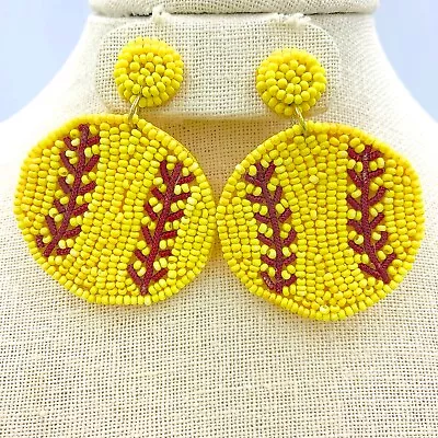 Softball Seed Bead Earrings - Beaded (1.75x2.25in) • $6.50