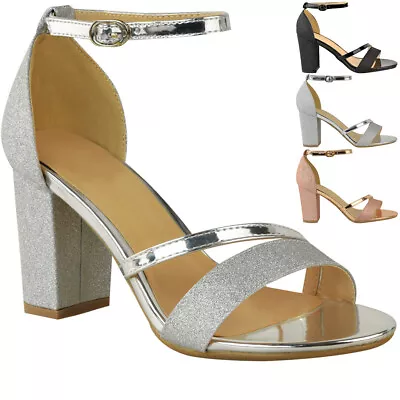Womens Sparkle Diamante Low Mid Heel Sandals Wedding Bridal Prom Ladies Party • £17.99