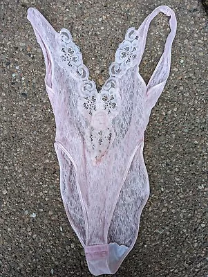 Vintage 1980s Pink Rose Lace Nylon One Piece Teddy Romper XS/S • $13.99