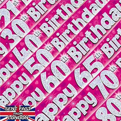 Happy Birthday Age Banners Pink Hearts Girls Holographic 9ft Long Party Banner • £2.35