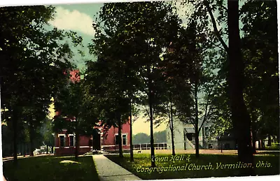 Town Hall & Congregational Church Vermilion Ohio Divided Postcard C1907-09 • $9.99