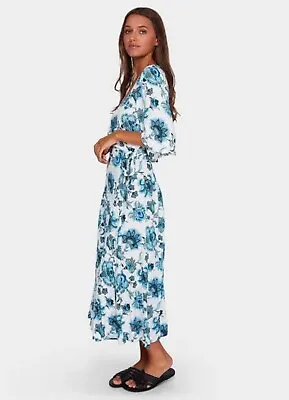 Tigerlily Boho Blue Aliki Floral Flutter Sleeve Tie Up Wrap Maxi Dress Size 8 • $65