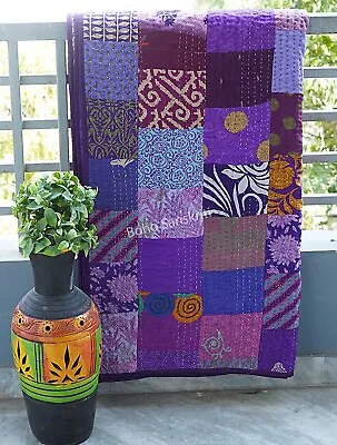 Purple Vintage Silk Patchwork Kantha Quilt Blanket Indian Bedspread Coverlet  • $70.49