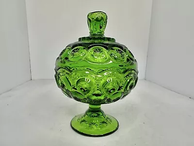 Vintage MCM 6.75” L E Smith Green Moon And Stars Candy Dish With Lid • $29.99