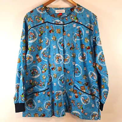 Mary Engelbreit Scrub Jacket Top Womens Large Blue Christmas Elves Snap Closure • $22.97