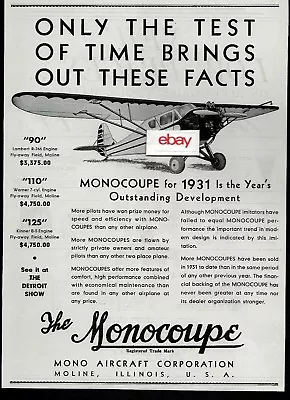 Mono Aircraft Corp Monocoupe  90  For $3375 Molineill 1931 Ad • $4.99