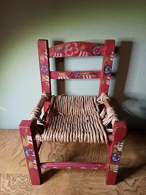 Vtg Folk Art Hand Painted Child's/Doll Chair Red Mexican Style Woven Seat  • $35