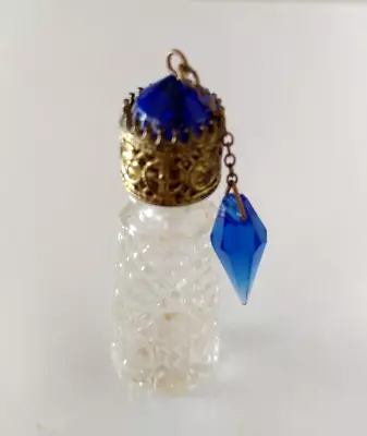 Vintage Antique Perfume Bottle Czech Irice Filigree Jeweled Blue Dangle 1920s • $68