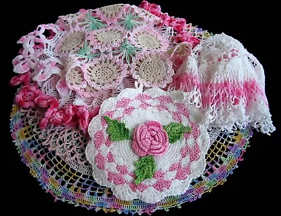 Charming Lot Of 7 Vintage Mostly Pink Crocheted Lace Doilies • $22.99