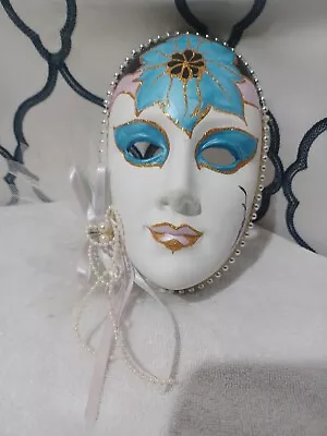 Vtg Ceramic Porcelain Mask Mardi Gras Painted Wall Hanging Lace Feathers Beads • $19