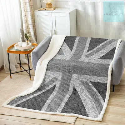 Loussiesd United Kingdom Flag Sherpa Blanket Union Jack Plush Blanket Grey UK • £43.79