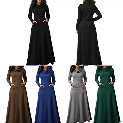 Pullover Long Sleeve Dress High Neck Maxi Dress Plus Size Solid Pocket Casual | • $30.11