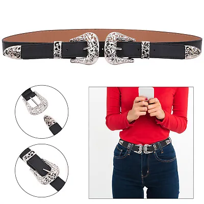 £5.99 • Buy Double Buckle Belt Thick PU Leather Western Womens Ladies Waist Band S M L XL