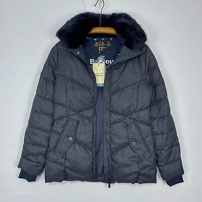 Barbour Puffer Jacket Women 8 10 Blue Quilted Padded Fibre Down Coastal Fur Coat • £45